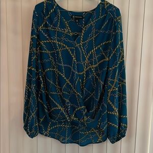 Chain Print Teal Blouse INC Women’s Sz M